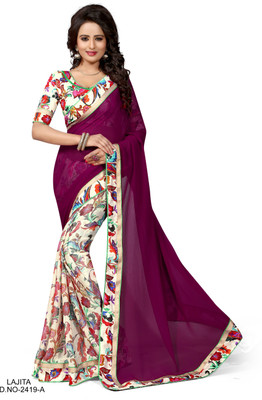 

Indianbeauty Self Design, Printed Fashion Chiffon Saree(Purple, Beige), Beige;purple