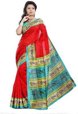 

JTInternational Printed Bhagalpuri Silk Saree(Red, Green), Green;red