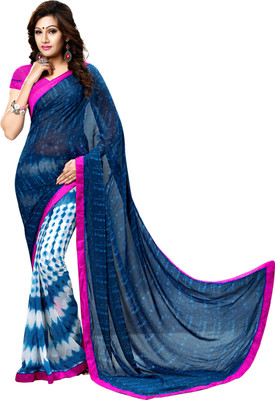 Jiya Self Design, Printed Fashion Georgette Saree(Blue, White, Blue