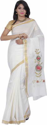 

Fashionkiosks Embroidered Fashion Handloom Cotton Saree(White), White gold