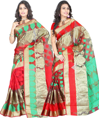 

It's Banii Woven Banarasi Handloom Banarasi Silk Saree(Pack of 2, Red, Green), Green;red