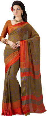 Khushali Self Design, Printed Fashion Crepe Saree(Green, Grey, Brown), Brown;green;grey