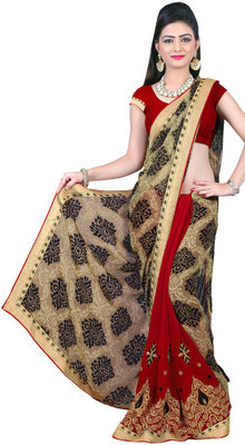 Manthan Embroidered Daily Wear Georgette Saree(Red, Beige)
