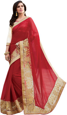 

Desi Butik Embroidered Fashion Georgette Saree(Red)
