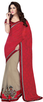 

Khushali Self Design, Embroidered Fashion Net, Georgette, Jacquard Saree(Red, Beige), Beige;red