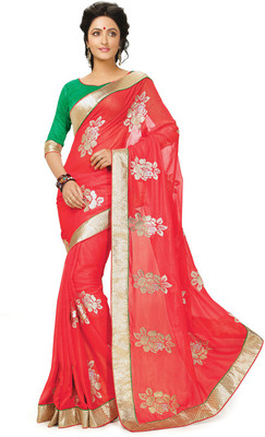 

Indianbeauty Self Design, Embroidered Bollywood Georgette Saree(Red)
