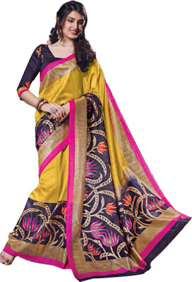 

Ishin Printed Fashion Art Silk Saree(Yellow), Yellow & black