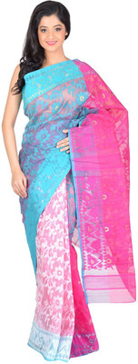 

RLBFashion Self Design Jamdani Handloom Cotton Saree(Pink, Blue, White), Pink;sky blue;white