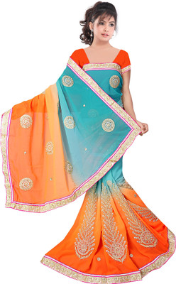 

Shree Rajlaxmi Sarees Embroidered Fashion Georgette Saree(Orange, Blue), Blue;orange