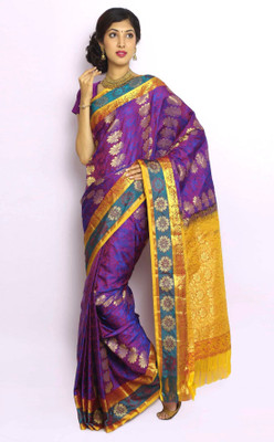Mahaveersilkcreations Woven Kanjivaram Handloom Art Silk Saree(Magenta), Magentha