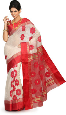 

Crochetin Self Design Fashion Handloom Silk Saree(Red, White), Red and white