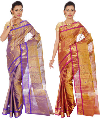 

Mahaveersilkcreations Woven Kanjivaram Pure Silk Saree(Pack of 2, Multicolor), Multi