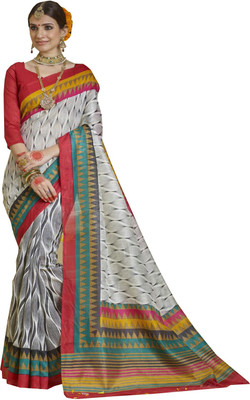 

Mathura Printed Bhagalpuri Cotton Saree(White, Red), Red;white