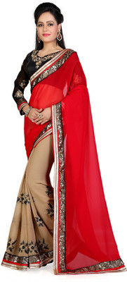 

Shoppershopee Embroidered Bollywood Georgette Saree(Red, Brown), Red and chikku