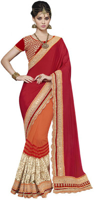 

Desi Butik Embellished Fashion Chiffon, Net Saree(Red, Orange), Orange;red