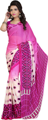 Jiya Self Design, Printed Fashion Crepe Saree(White, Pink), Pink;white