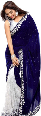 

Shree Creation Embroidered Bollywood Velvet, Net Saree(Blue)