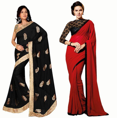Stylezone Self Design Fashion Chiffon Saree(Pack of 2, Black, Red)