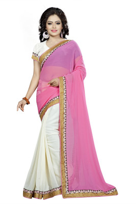 

Aai Shree Khodiyar Art Solid, Self Design Bollywood Georgette Saree(Pink, White