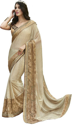 

Desi Butik Embroidered Fashion Lycra Saree(Beige), Off-white