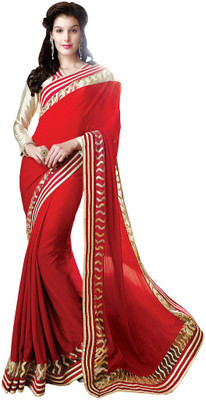 Desi Butik Embroidered Fashion Chiffon Saree(Red)
