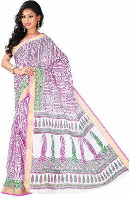 

Roopkala Silks Printed Daily Wear Cotton Saree(Purple, Green), White