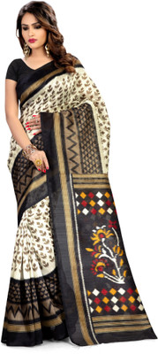 AJS Printed Fashion Silk Cotton Blend Saree(Black)