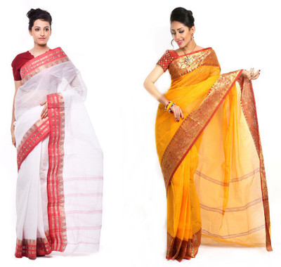 

Purabi Self Design Tant Handloom Cotton Saree(Pack of 2, White, Yellow)