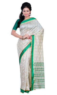 

Crochetin Self Design Fashion Dupion Silk Saree(White, Green), Green;white