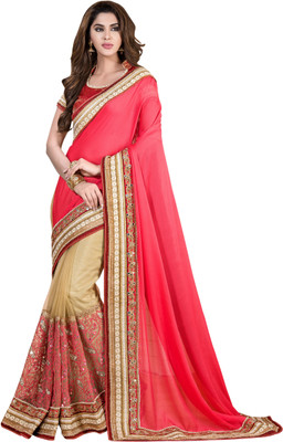 

Khushali Self Design, Embroidered, Embellished Fashion Net, Chiffon Saree(Pink, Beige), Beige;pink