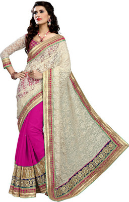 Aasvaa Embroidered Fashion Net Saree(Pink)