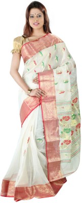 

Hawai Embellished Tant Handloom Cotton Saree(White, Red), Red;white