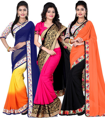 

Kesar Sarees Embroidered Daily Wear Georgette Saree(Pack of 3, Blue), Black;blue;orange