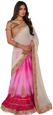 

Kintu Designs Pvt. Ltd. Plain Fashion Chiffon Saree(Pink), Cream;pink