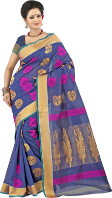 

Mimosa Woven Kanjivaram Handloom Cotton Saree(Blue), Navy blouse