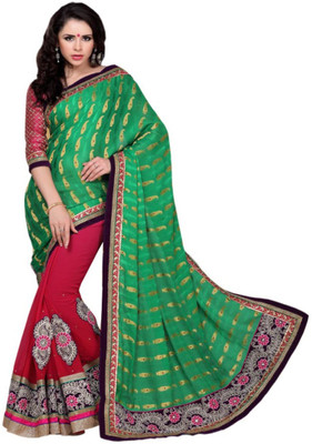 

Aasvaa Self Design Fashion Georgette Saree(Red, Green), Red and green