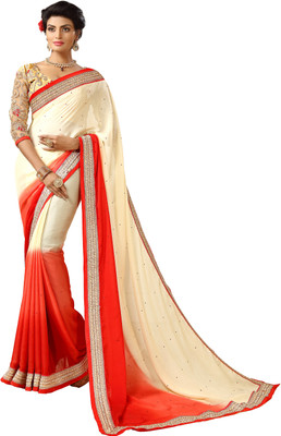 

Khoobee Self Design, Embellished Fashion Chiffon Saree(White, Red), Red;white