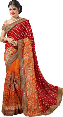 

M.S.Retail Embroidered Bollywood Jacquard, Net, Georgette Saree(Red), Orange;red