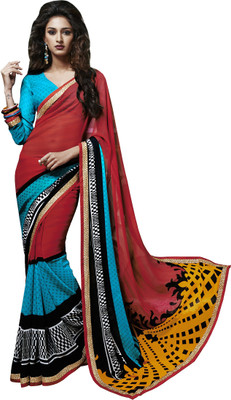

Khoobee Self Design, Printed Fashion Georgette Saree(Red, Light Blue, Multicolor), Light blue;multicolor;red