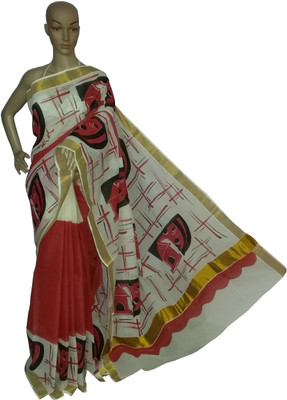 

KheyaliBoutique Graphic Print Balarampuram Handloom Cotton Saree(White, Red), Red;white