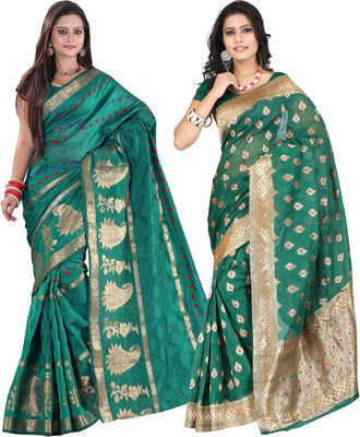 

It's Banii Woven Banarasi Handloom Banarasi Silk Saree(Pack of 2, Green, Green), Light green