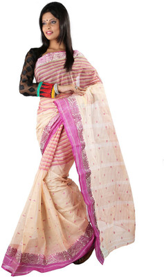 

Hawai Striped Tant Handloom Cotton Saree(Beige, Purple)