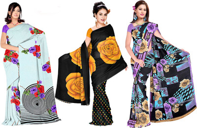 

Lovely Look Printed Daily Wear Georgette Saree(Pack of 3, White, Black, Purple), Off-white & black & purple