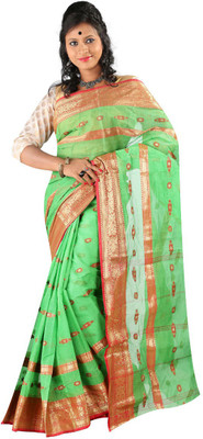 

Hawai Embroidered, Self Design Tant Handloom Cotton Saree(Green, Red)