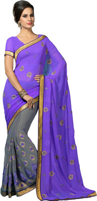 Jiya Self Design, Embroidered Fashion Georgette, Chiffon Saree(Purple, Grey), Grey;purple