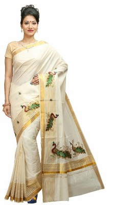 Selvamani Tex Solid/Plain Mundum Neriyathum Handloom Cotton Blend Saree(Gold, White)