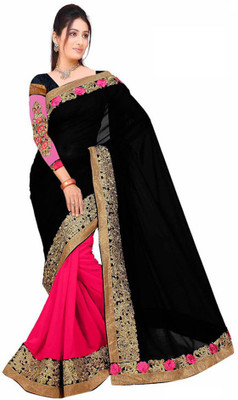 Laxmikaantam Embroidered Bollywood Chiffon Saree(Black), Black;pink