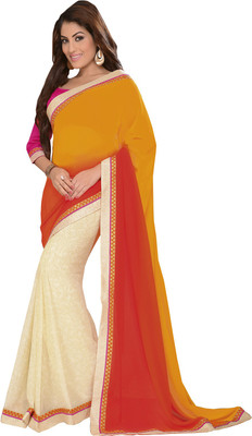 

Parisha Printed Daily Wear Georgette Saree(Pack of 2, Red, Orange, White), Red;orange & cream