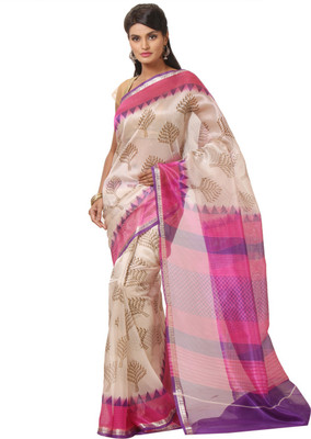 

JTInternational Printed Bhagalpuri Silk Saree(Purple, Beige), Beige;purple