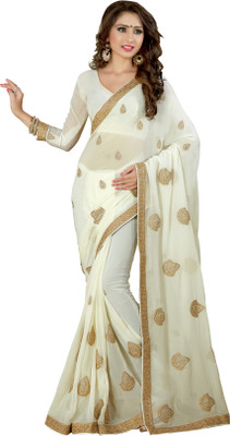 

Khushali Self Design, Embroidered Fashion Georgette Saree(White)